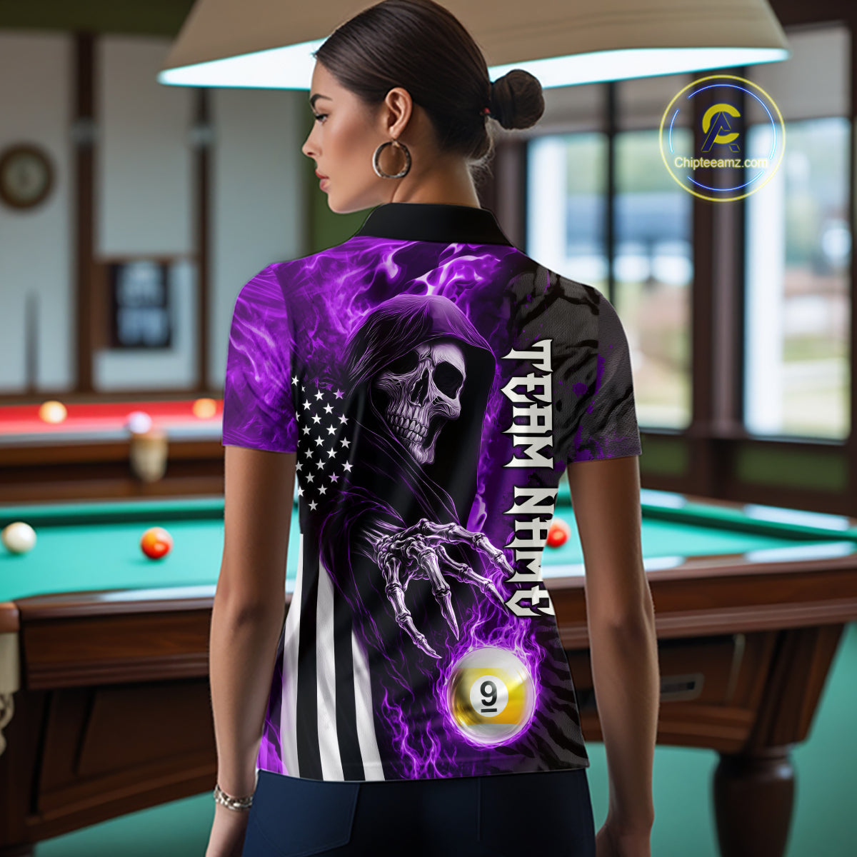 Customized Purple Flame Grim Reaper US Flag 8 Ball 9 Ball Billiard Shirt For Women, Pool Team Jersey TDM7832