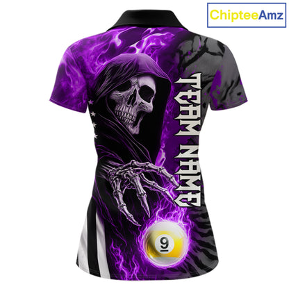 Customized Purple Flame Grim Reaper US Flag 8 Ball 9 Ball Billiard Shirt For Women, Pool Team Jersey TDM7832