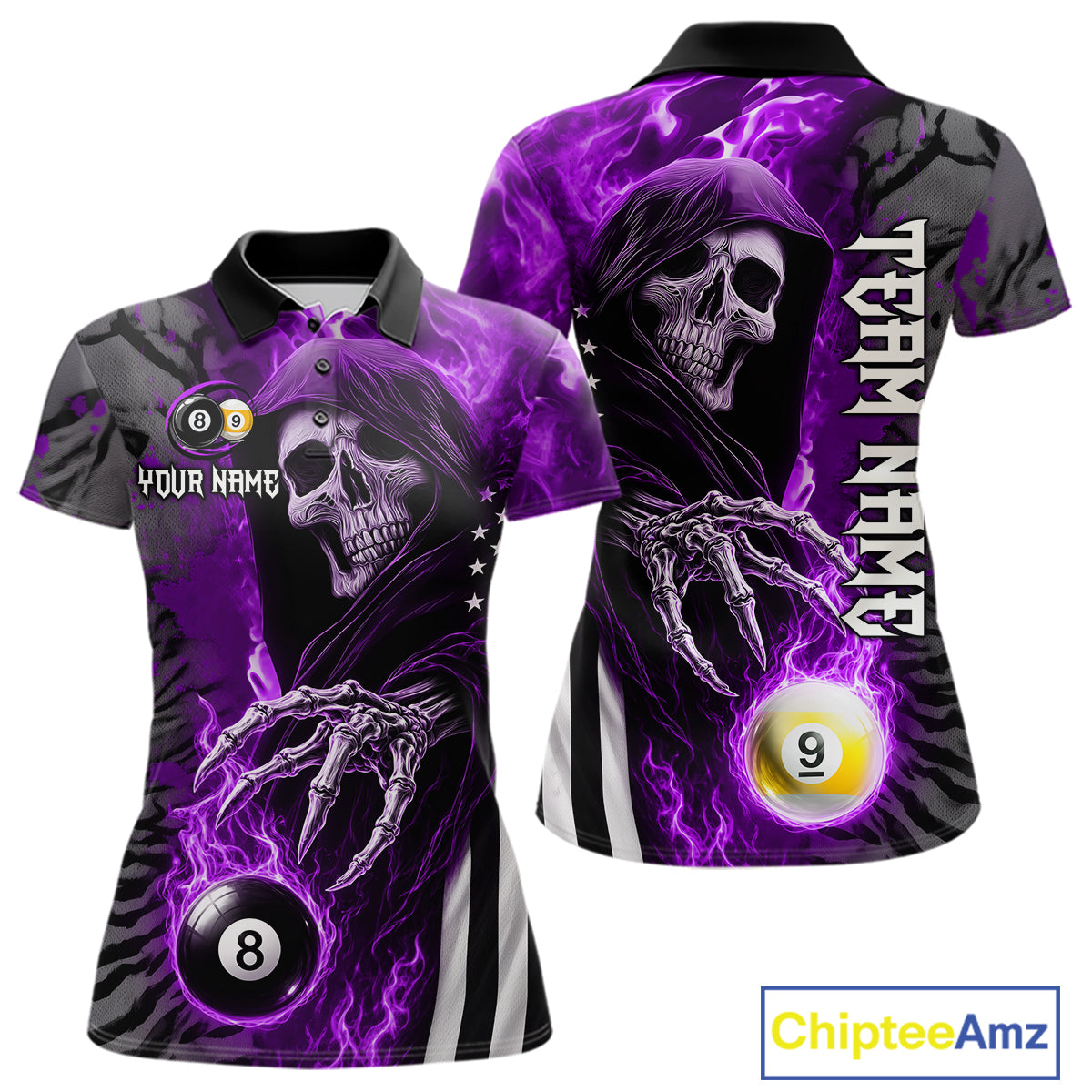 Customized Purple Flame Grim Reaper US Flag 8 Ball 9 Ball Billiard Shirt For Women, Pool Team Jersey TDM7832