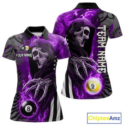 Customized Purple Flame Grim Reaper US Flag 8 Ball 9 Ball Billiard Shirt For Women, Pool Team Jersey TDM7832