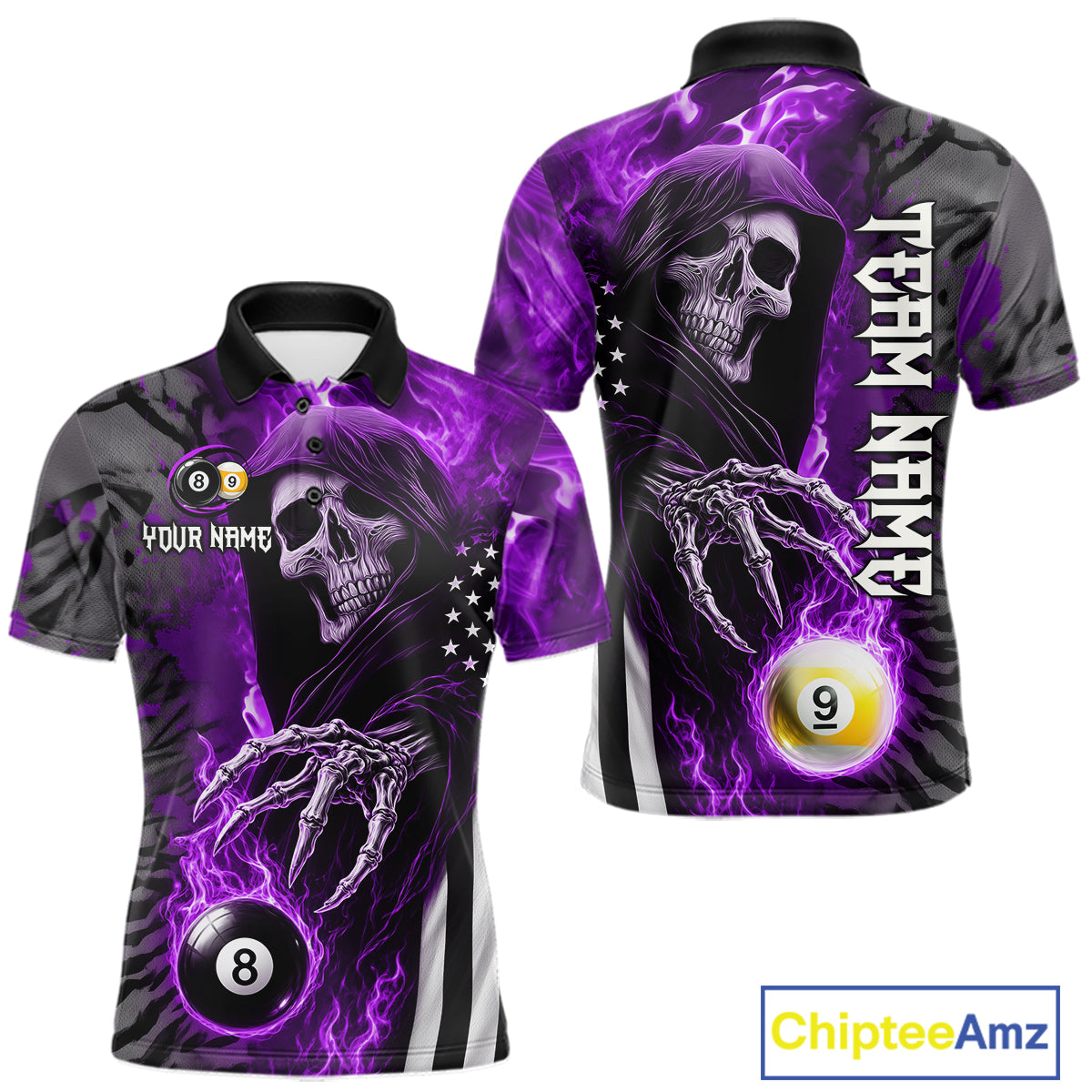 Customized Purple Flame Grim Reaper US Flag 8 Ball 9 Ball Billiard Shirt For Men, Pool Team Jersey TDM7832