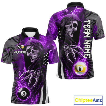 Customized Purple Flame Grim Reaper US Flag 8 Ball 9 Ball Billiard Shirt For Men, Pool Team Jersey TDM7832