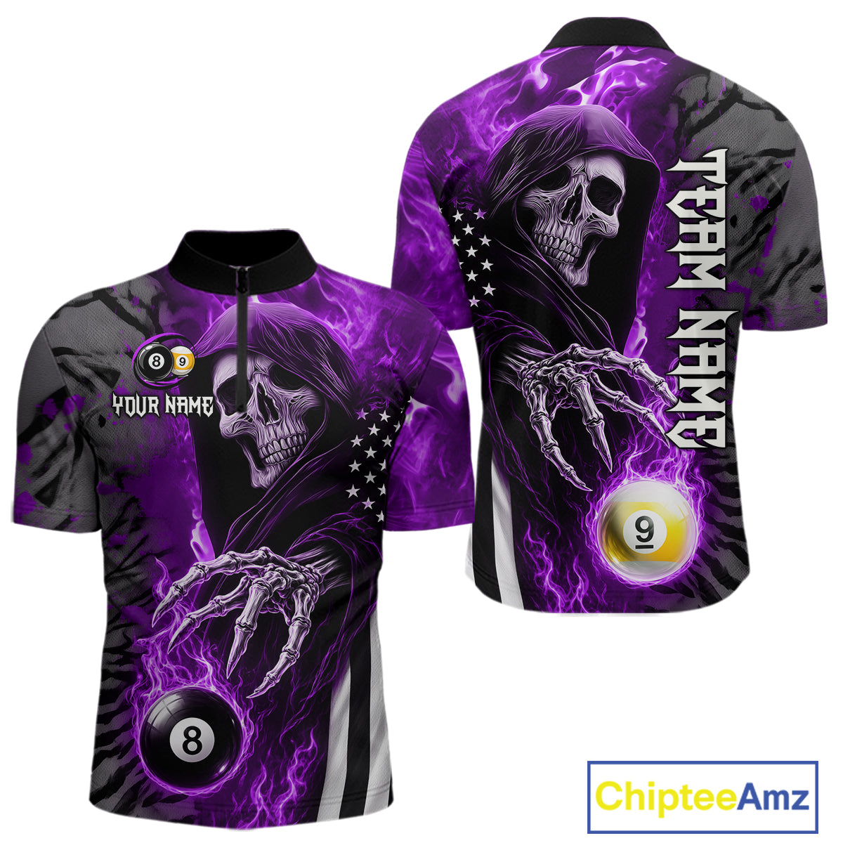 Customized Purple Flame Grim Reaper US Flag 8 Ball 9 Ball Billiard Shirt For Men, Pool Team Jersey TDM7832