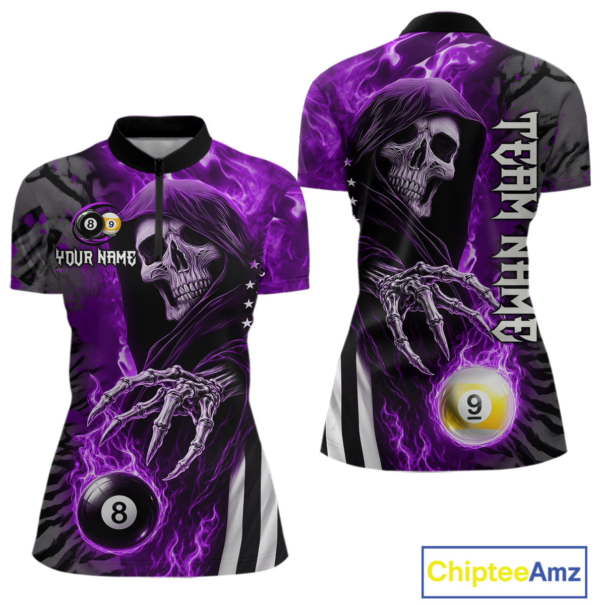 Customized Purple Flame Grim Reaper US Flag 8 Ball 9 Ball Billiard Shirt For Women, Pool Team Jersey TDM7832