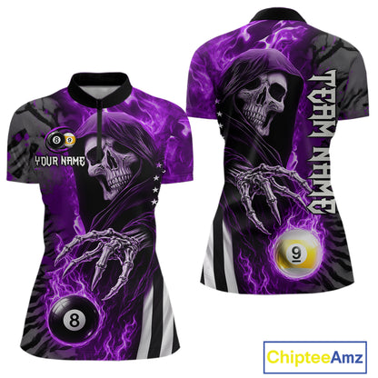 Customized Purple Flame Grim Reaper US Flag 8 Ball 9 Ball Billiard Shirt For Women, Pool Team Jersey TDM7832