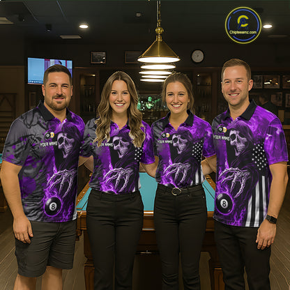 Customized Purple Flame Grim Reaper US Flag 8 Ball 9 Ball Billiard Shirt For Men, Pool Team Jersey TDM7832