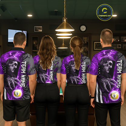Customized Purple Flame Grim Reaper US Flag 8 Ball 9 Ball Billiard Shirt For Men, Pool Team Jersey TDM7832