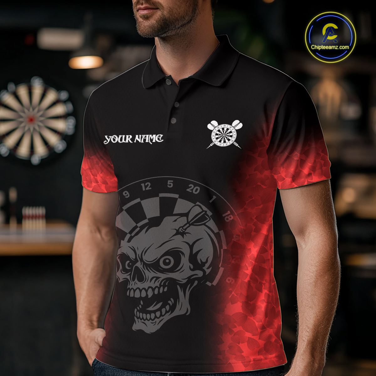 Black And Red Custom Skull Darts Shirt For Men, Darts Jersey Pocket Option TDM5438