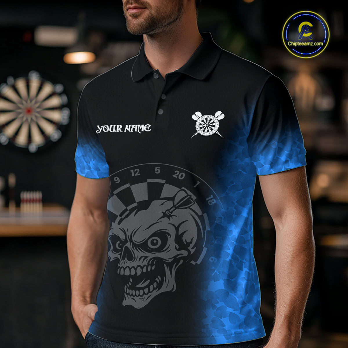 Black And Blue Custom Skull Darts Shirt For Men, Darts Jersey Pocket Option TDM5439