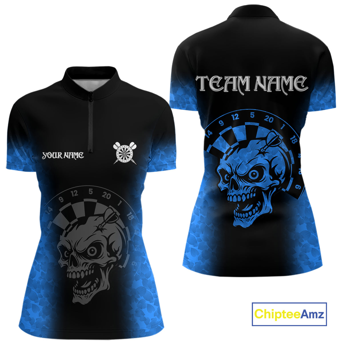 Black And Blue Custom Skull Darts Shirt For Women, Darts Jersey Pocket Option TDM5439
