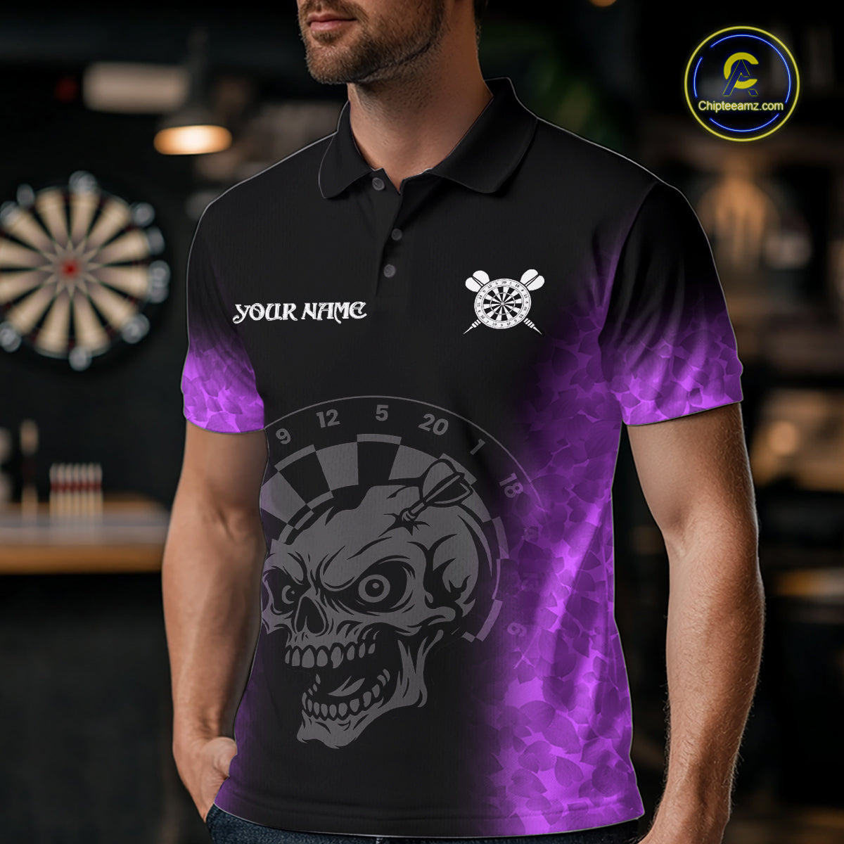 Black And Purple Custom Skull Darts Shirt For Men, Darts Jersey Pocket Option TDM5440