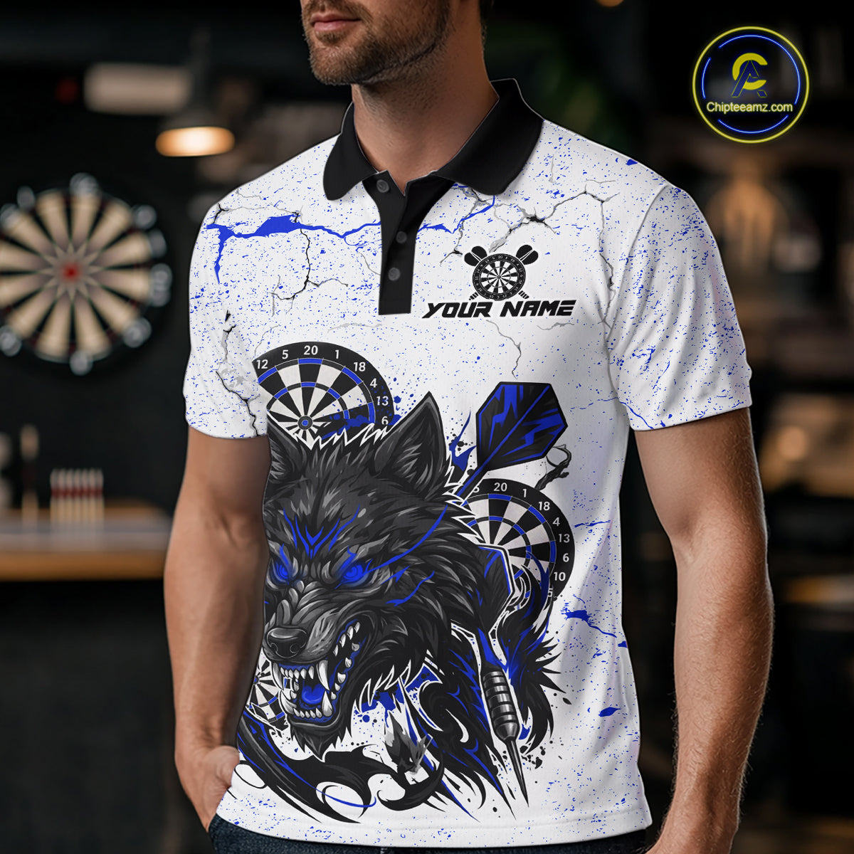 White Grunge Wolf Dart Shirt & Pocket Option Custom Men'S Dart Jersey |Blue TDM5441