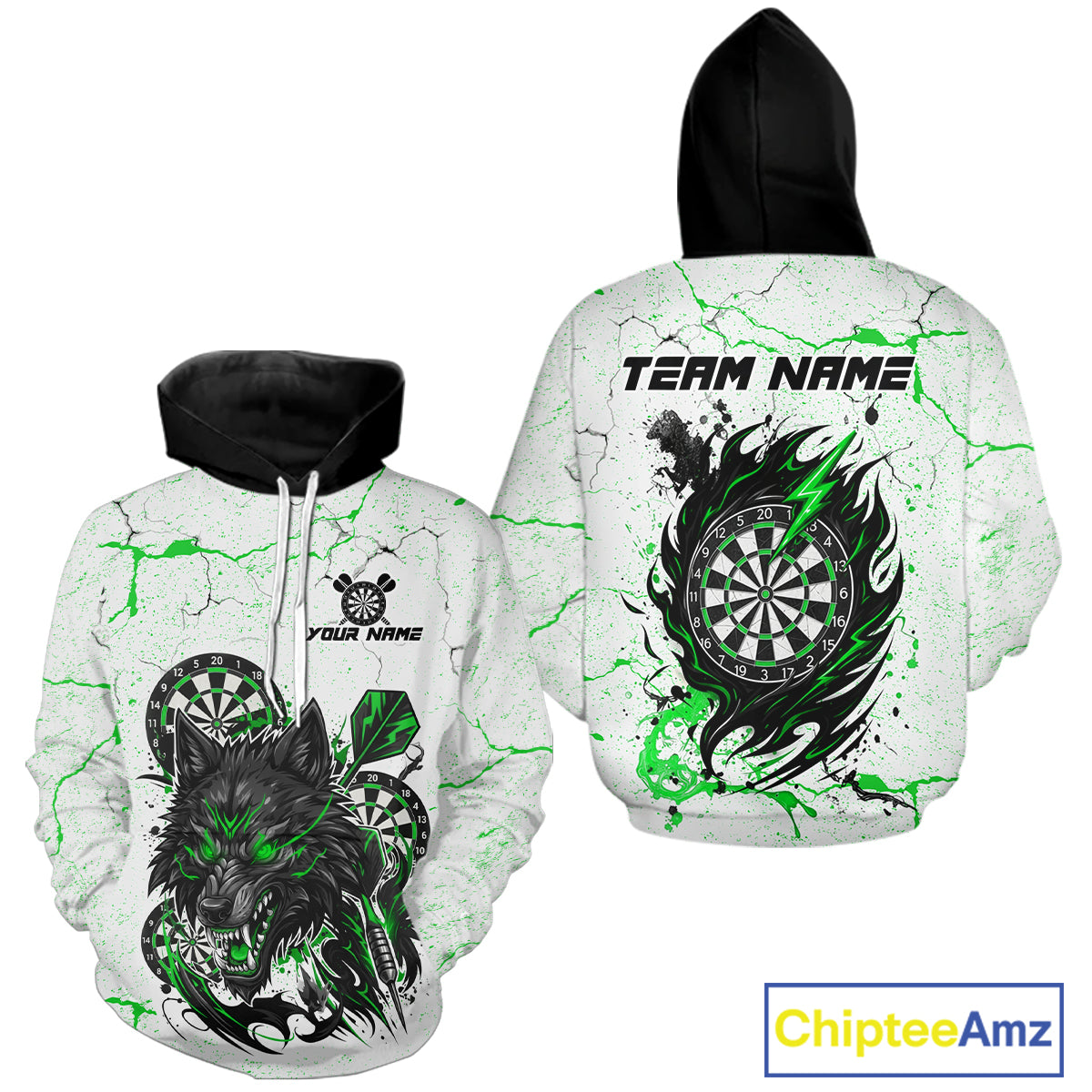 Green And White Grunge Wolf Darts Hoodie For Men And Women Custom Darts Jersey, Darts Team Shirt TDM5442