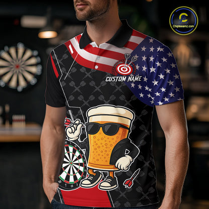 Funny Beer American Flag Darts Shirt For Men Custom Patriotic Darts Team Jersey Polo & 1/4 Zip TDM6062