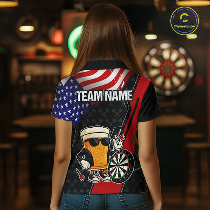 Funny Beer American Flag Darts Shirt For Women Custom Patriotic Darts Team Jersey Polo & 1/4 Zip TDM6062