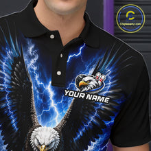 Load image into Gallery viewer, Close-up of a blue thunder lightning eagle bowling polo shirt collar, buttons, and eagle artwork.