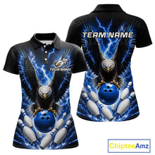 Load image into Gallery viewer, Blue thunder lightning eagle bowling polo shirt for women with custom bowling team graphics.