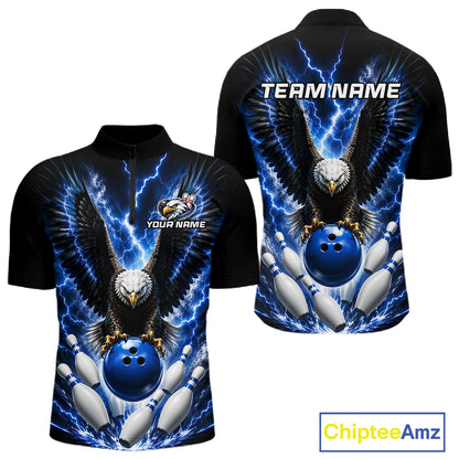 Blue thunder lightning eagle bowling quarter zip shirt for men designed for league tournaments and team events.