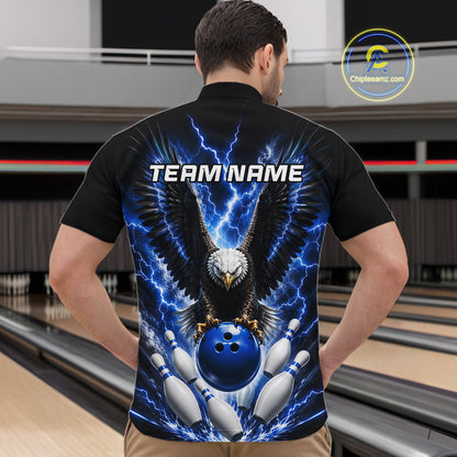 Back view of man wearing a blue thunder lightning eagle bowling quarter zip shirt in a bowling alley.