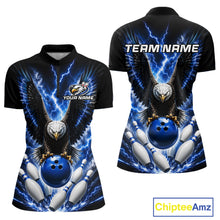 Load image into Gallery viewer, Blue thunder lightning eagle bowling quarter zip shirt for women designed for league tournaments and team events.