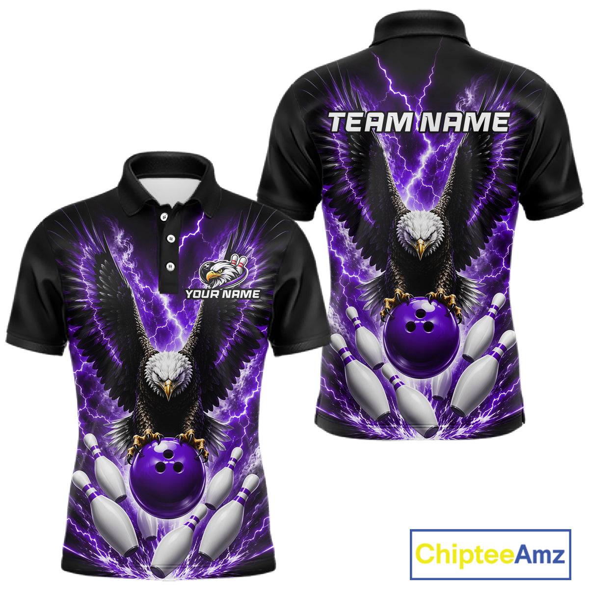 Purple thunder lightning eagle bowling polo shirt for men with custom bowling league graphics.