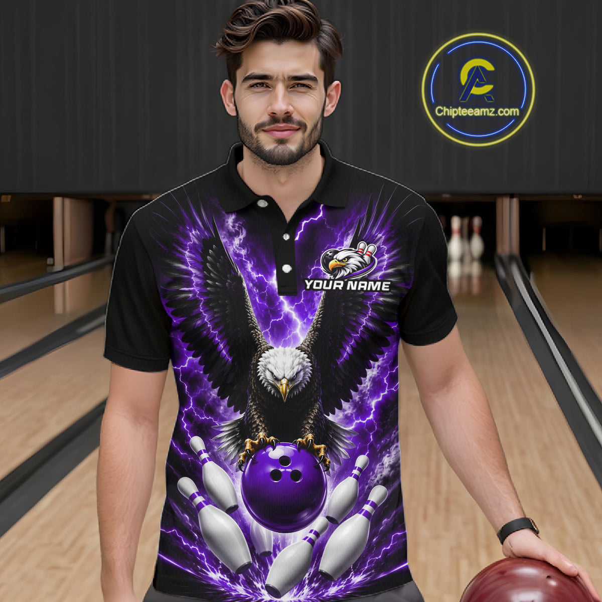 Man wearing a purple thunder lightning eagle bowling polo shirt at a bowling alley front view.