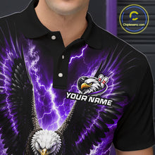 Load image into Gallery viewer, Close-up of a purple thunder lightning eagle bowling polo shirt collar, buttons, and eagle artwork.