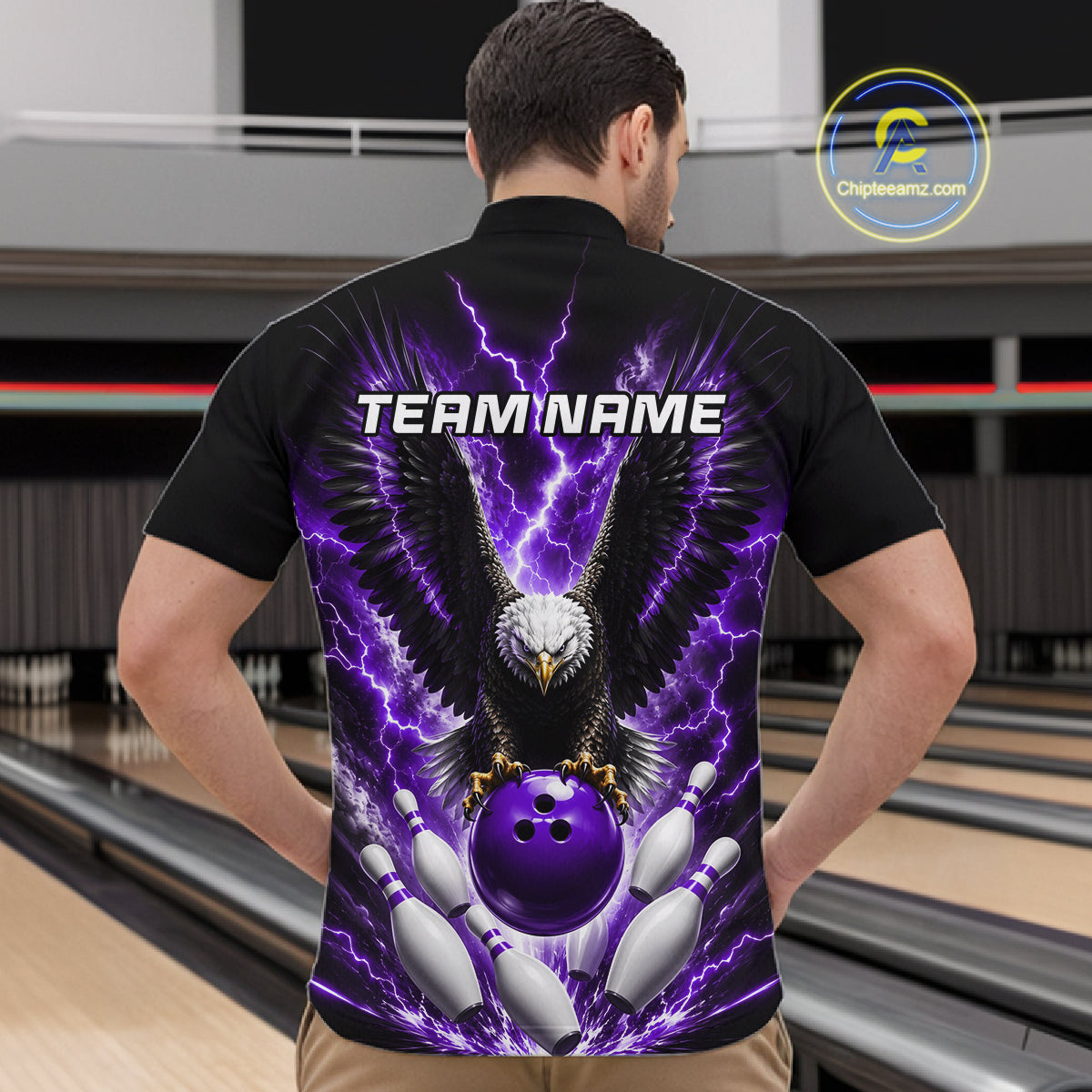 Man wearing a purple thunder lightning eagle bowling quarter zip jersey during tournament play front view.