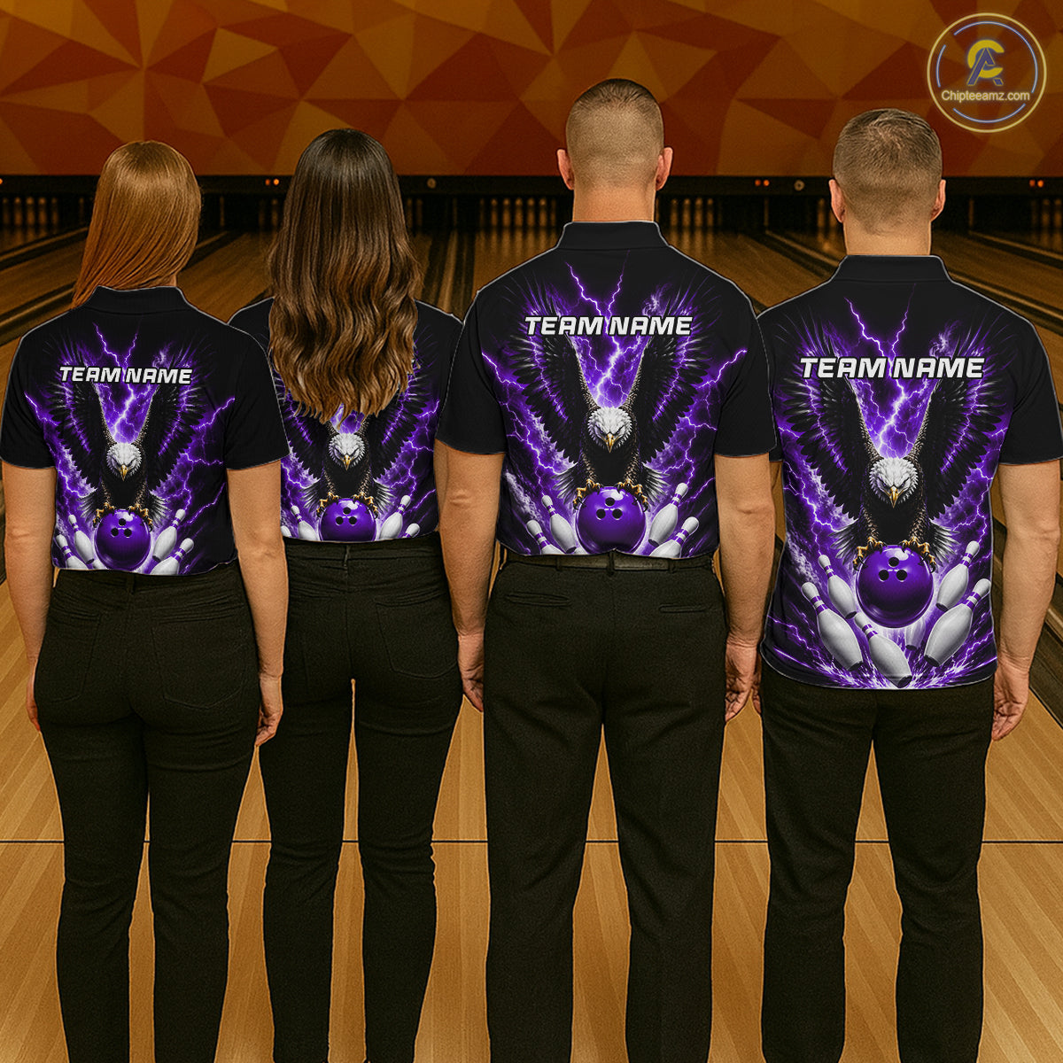 Back view of bowling team wearing matching purple eagle bowling shirts in a bowling alley.