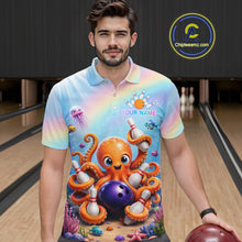 Load image into Gallery viewer, Man wearing a rainbow octopus ocean bowling polo shirt at a bowling alley front view.