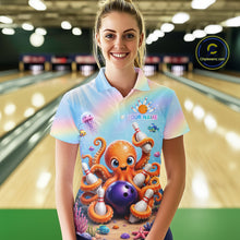 Load image into Gallery viewer, Woman wearing a rainbow octopus ocean bowling polo shirt at a bowling alley front view.