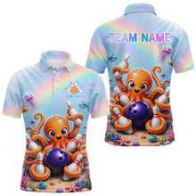 Load image into Gallery viewer, Rainbow octopus ocean bowling polo shirt for men with colorful custom bowling team graphics.