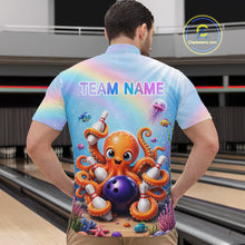 Load image into Gallery viewer, Back view of man wearing a rainbow octopus ocean bowling quarter zip shirt in a bowling alley.