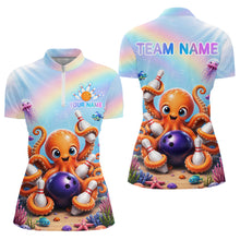 Load image into Gallery viewer, Rainbow octopus ocean bowling quarter zip shirt for women designed for league tournaments and team events.