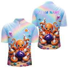 Load image into Gallery viewer, Rainbow octopus ocean bowling quarter zip shirt for men designed for league tournaments and team events.