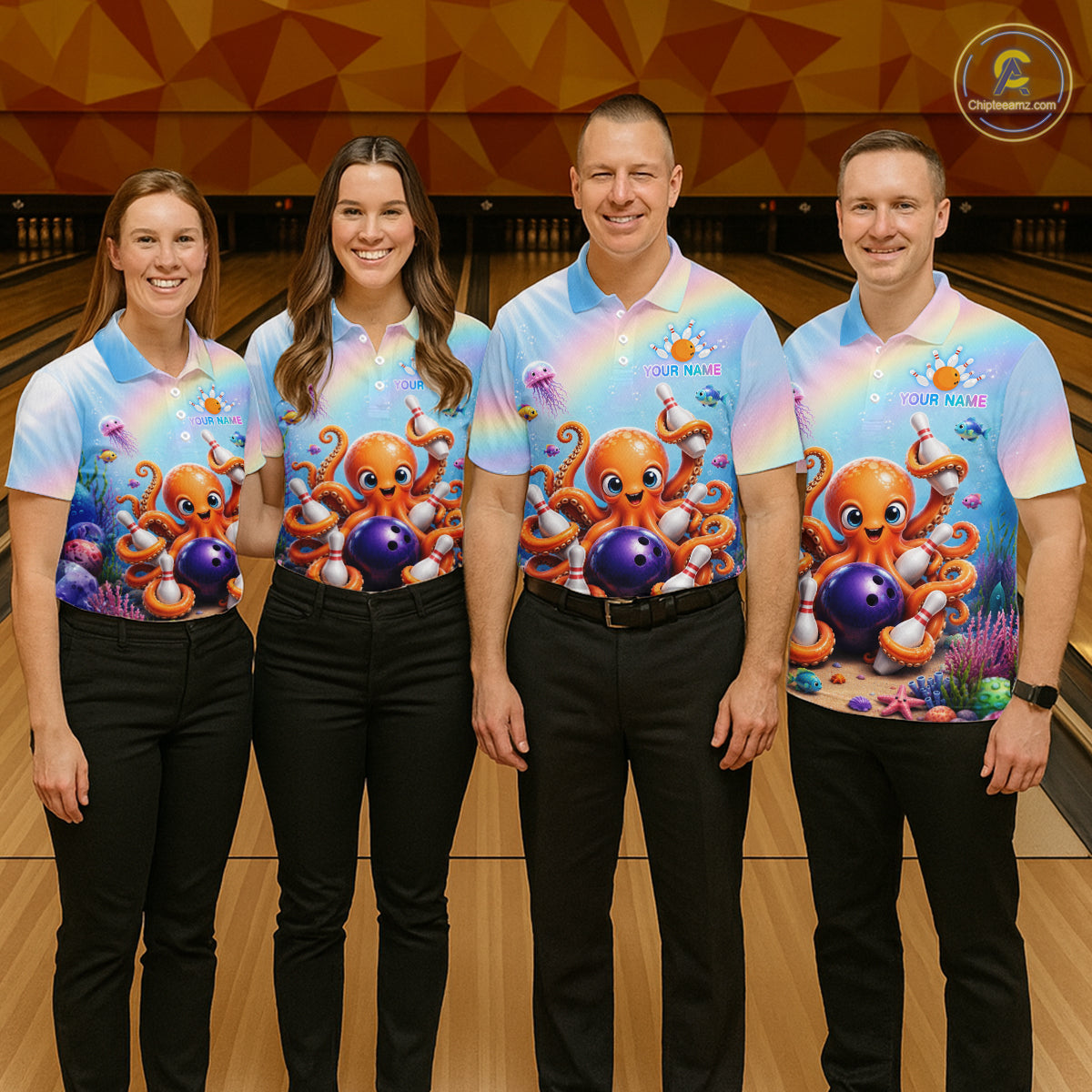 Bowling team wearing matching rainbow octopus ocean bowling jerseys during league matches front view.