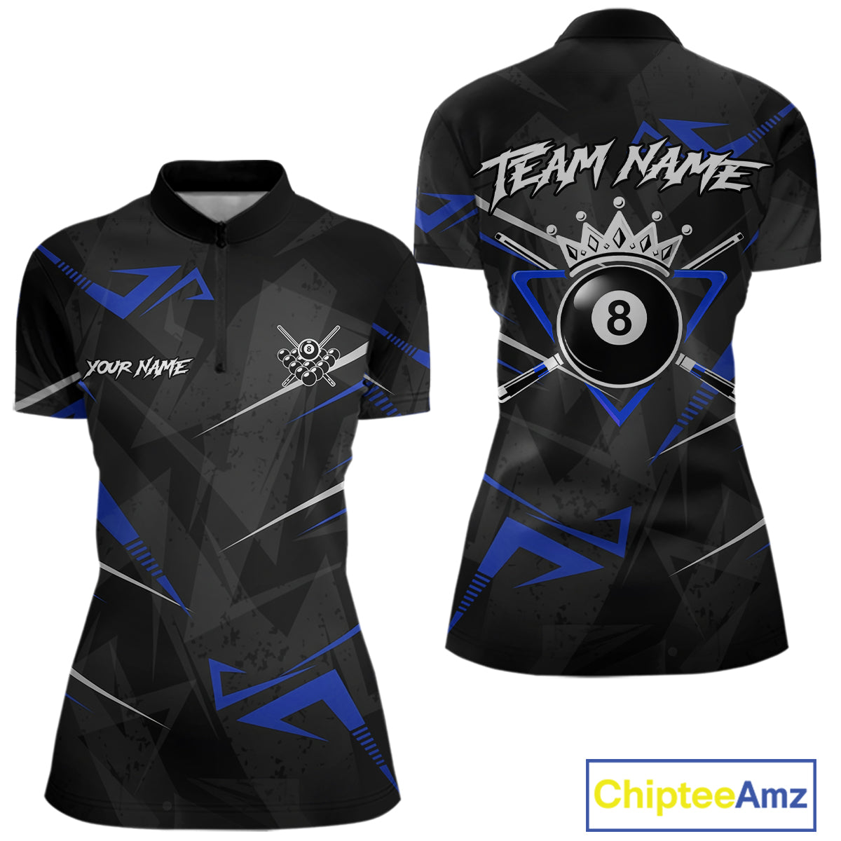 Black And Blue 8 Ball Crown Billiard Shirt For Women Custom Pool Team Jersey Polo & 1/4 Zip TDM5922