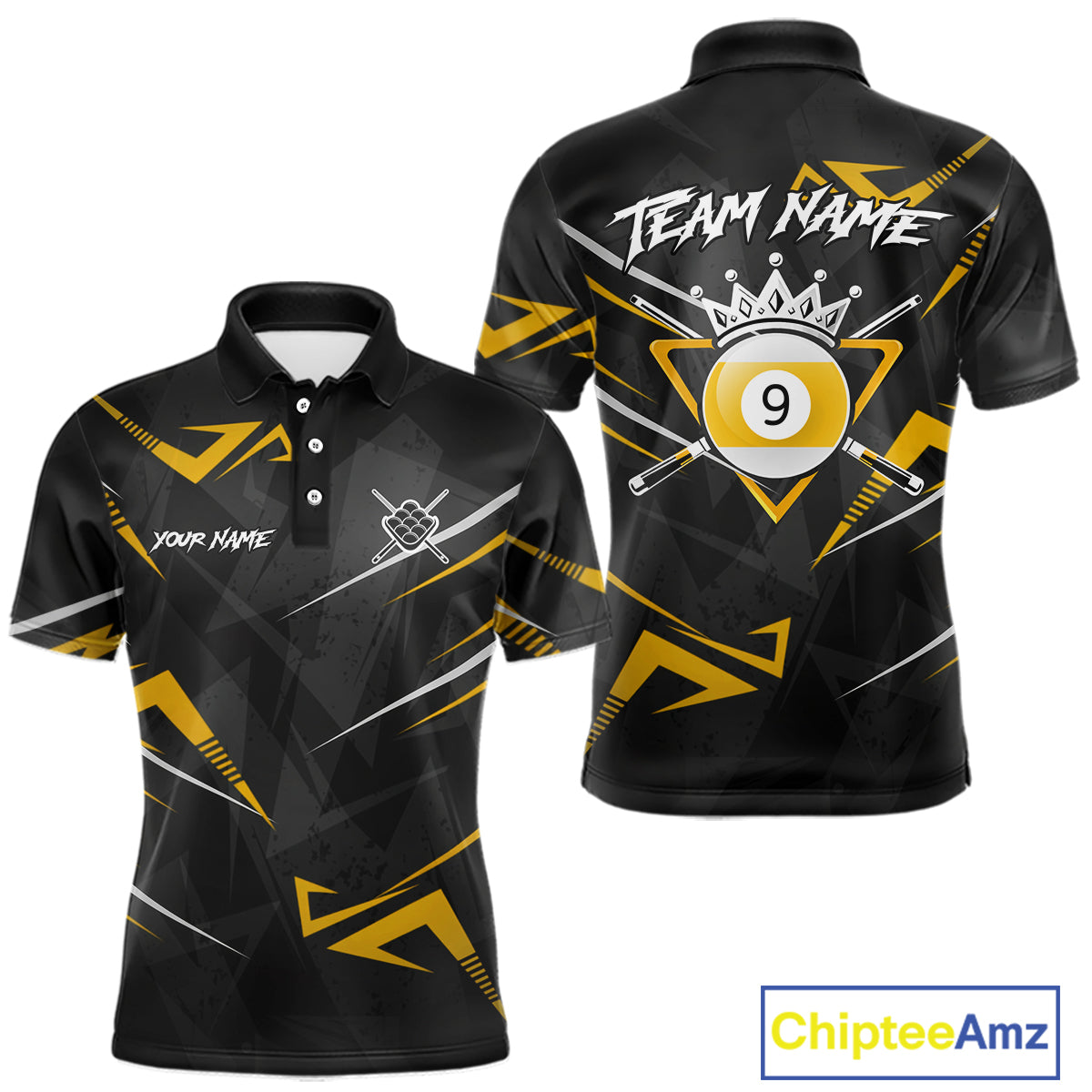 Yellow Black 9 Ball Crown Billiard Shirt For Men Custom Pool Team Jersey Polo & 1/4 Zip TDM5923
