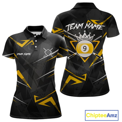 Yellow Black 9 Ball Crown Billiard Shirt For Women Custom Pool Team Jersey Polo & 1/4 Zip TDM5923