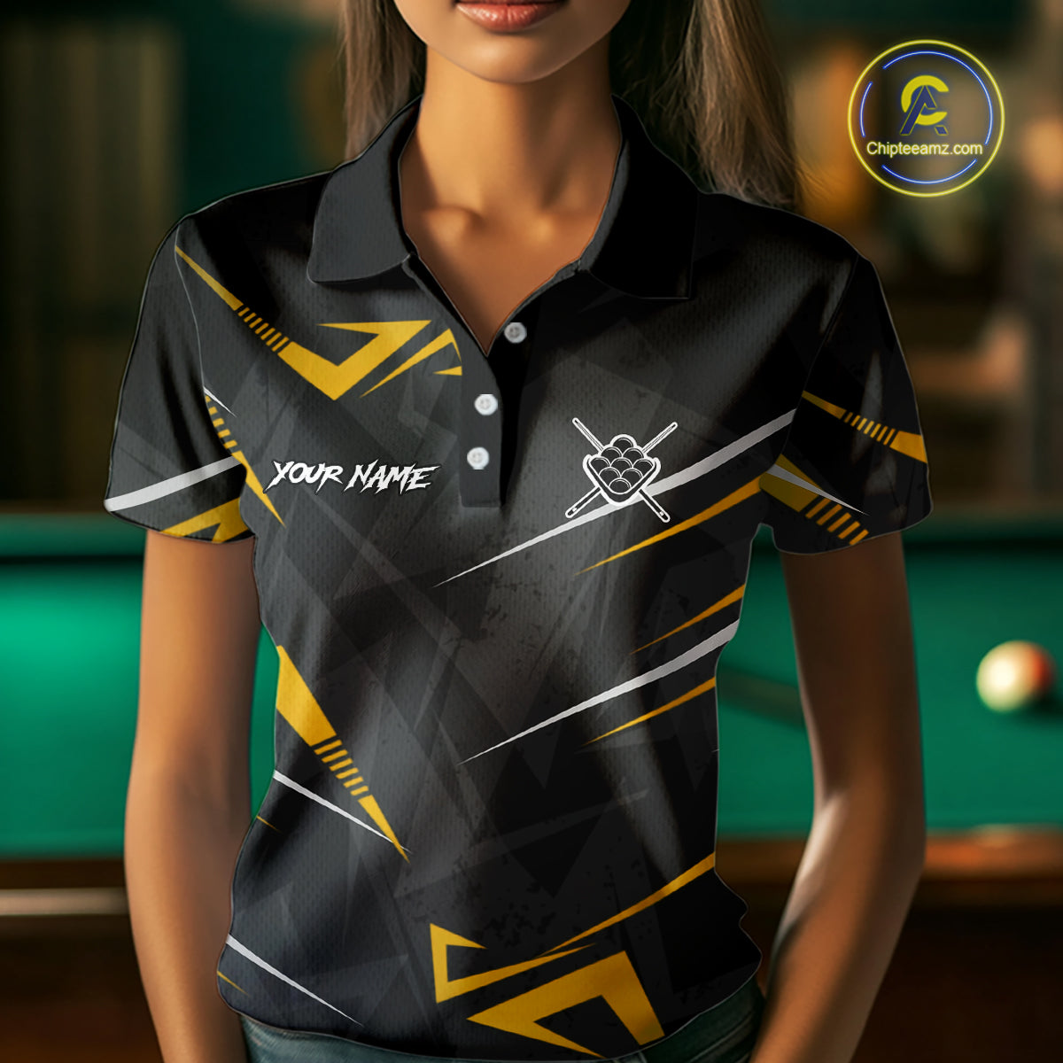 Yellow Black 9 Ball Crown Billiard Shirt For Women Custom Pool Team Jersey Polo & 1/4 Zip TDM5923