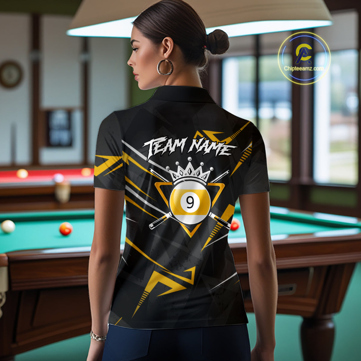 Yellow Black 9 Ball Crown Billiard Shirt For Women Custom Pool Team Jersey Polo & 1/4 Zip TDM5923