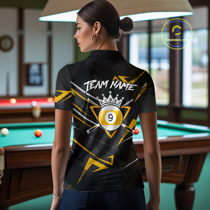 Yellow Black 9 Ball Crown Billiard Shirt For Women Custom Pool Team Jersey Polo & 1/4 Zip TDM5923