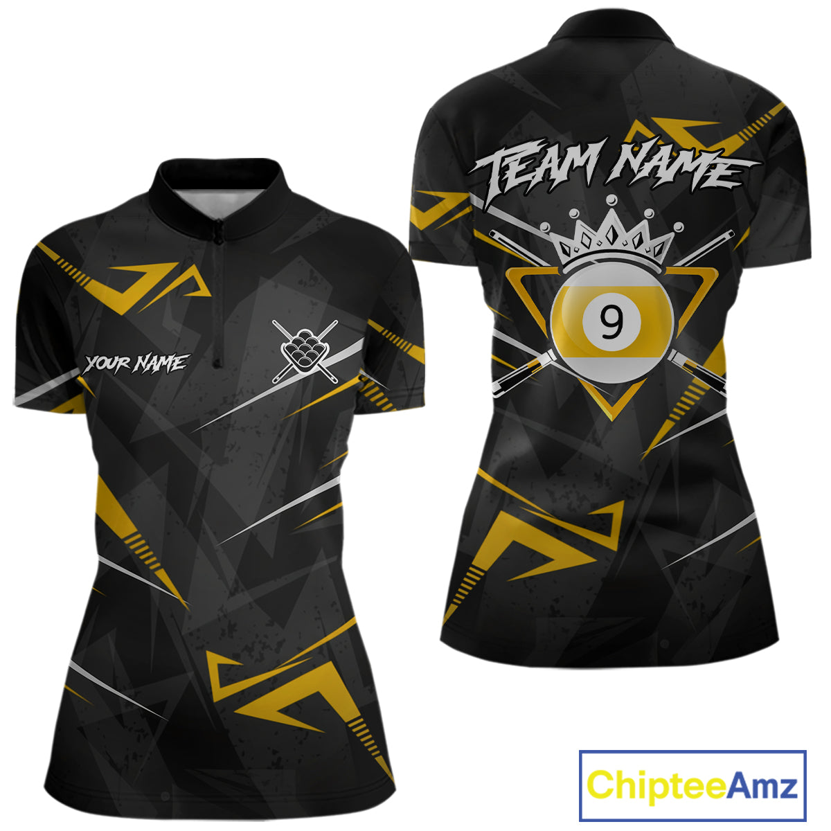 Yellow Black 9 Ball Crown Billiard Shirt For Women Custom Pool Team Jersey Polo & 1/4 Zip TDM5923