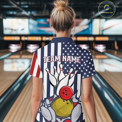 Custom Bowling Balls American Flag Bowling Shirt For Women, Patriotic Bowling Jersey Polo & 1/4 Zip TDM6517