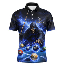 Load image into Gallery viewer, Blue Flaming Grim Reaper Billiard Shirt For Men Custom Pool Team Jersey Polo &amp; Quarter Zip Shirt TDM5738
