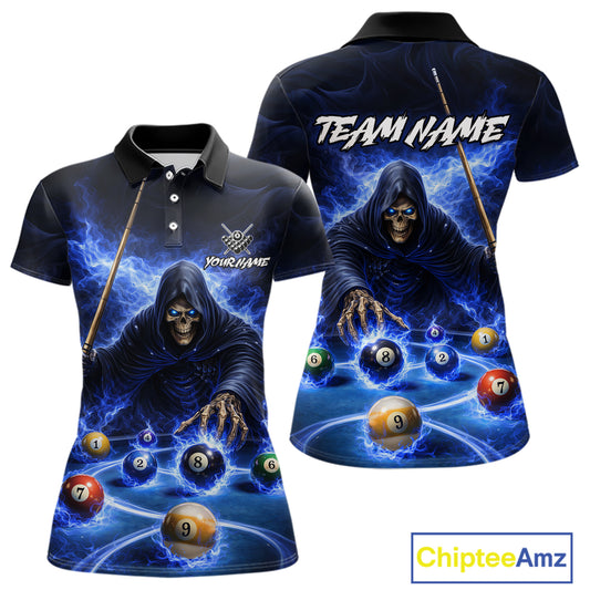 Blue Flaming Grim Reaper Billiard Shirt For Women Custom Pool Team Jersey Polo & Quarter Zip Shirt TDM5738