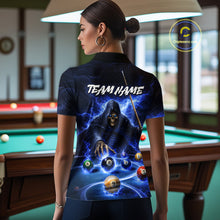 Load image into Gallery viewer, Blue Flaming Grim Reaper Billiard Shirt For Women Custom Pool Team Jersey Polo &amp; Quarter Zip Shirt TDM5738