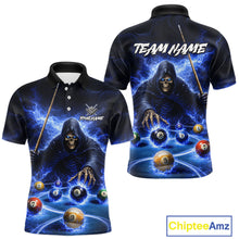 Load image into Gallery viewer, Blue Flaming Grim Reaper Billiard Shirt For Men Custom Pool Team Jersey Polo &amp; Quarter Zip Shirt TDM5738