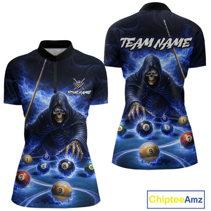 Blue Flaming Grim Reaper Billiard Shirt For Women Custom Pool Team Jersey Polo & Quarter Zip Shirt TDM5738
