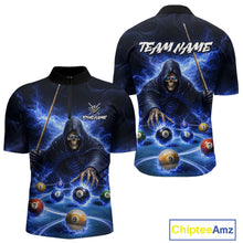Load image into Gallery viewer, Blue Flaming Grim Reaper Billiard Shirt For Men Custom Pool Team Jersey Polo &amp; Quarter Zip Shirt TDM5738